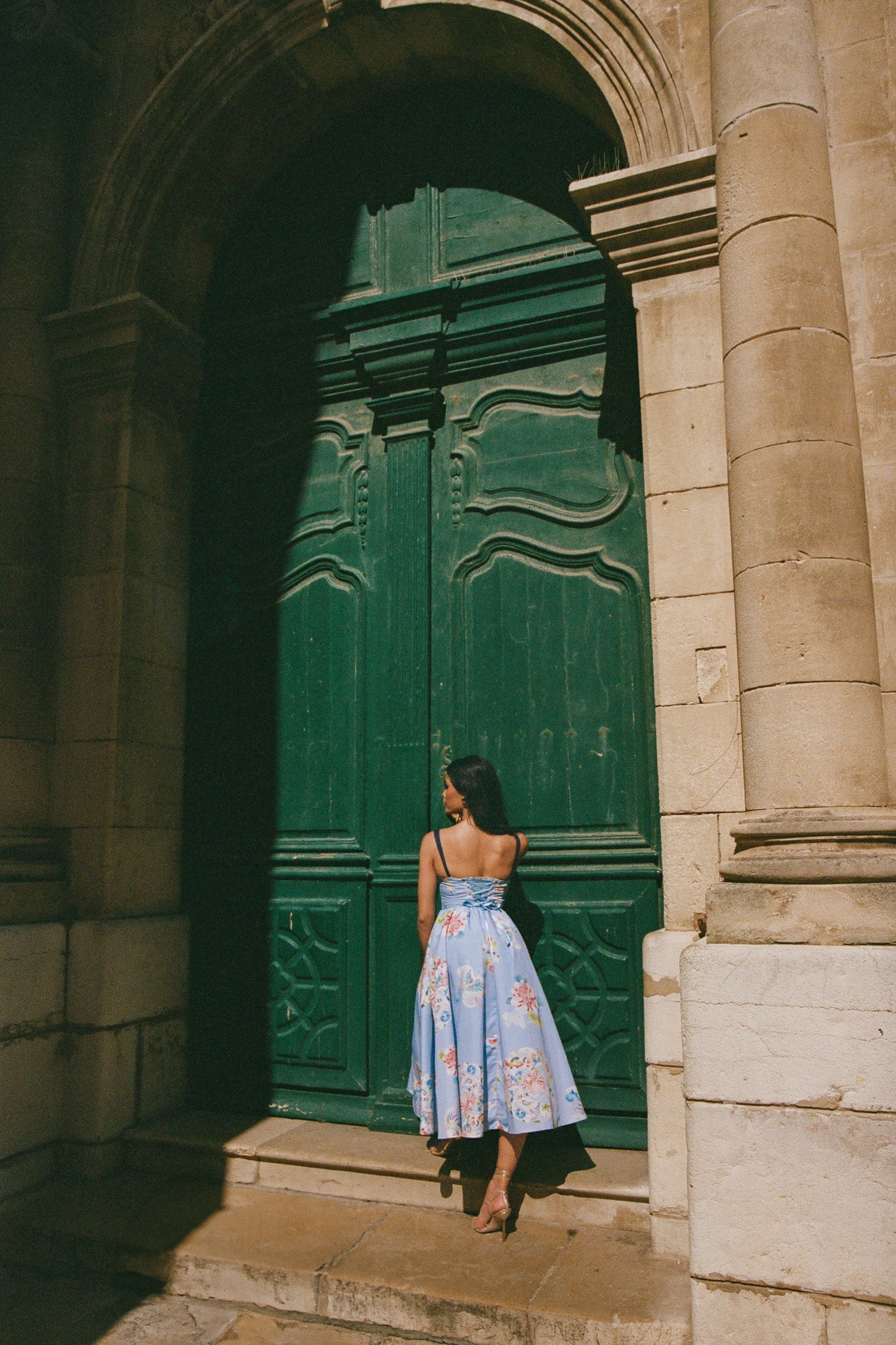 Lace-up floral print midi dress - Blue