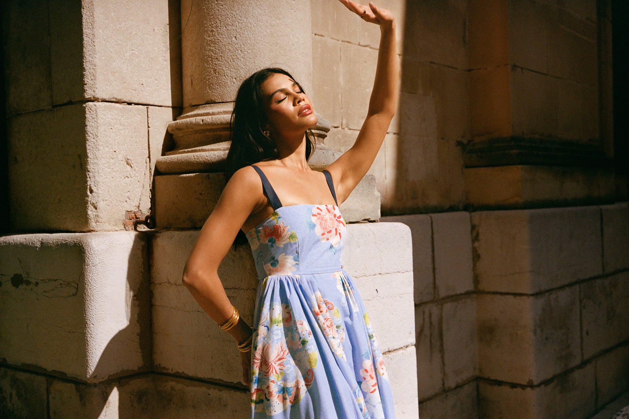 Lace-up floral print midi dress - Blue