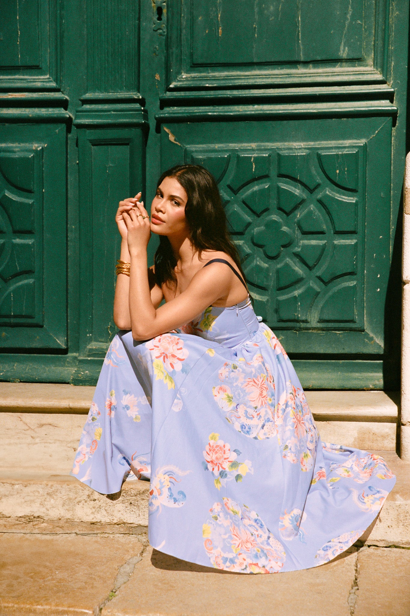 Lace-up floral print midi dress - Blue