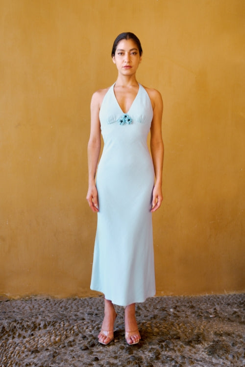 Robe dos-nu en lin mélangé ornée de fleurs – Bleu