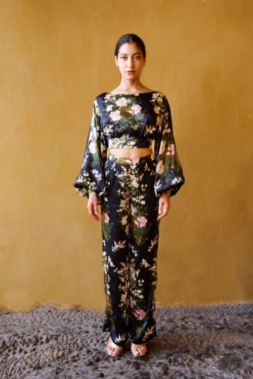 Straight-Leg Pants with Chinese Peony Print – Black