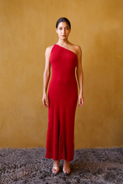 Robe dos nu en maille à chaîne – Rouge