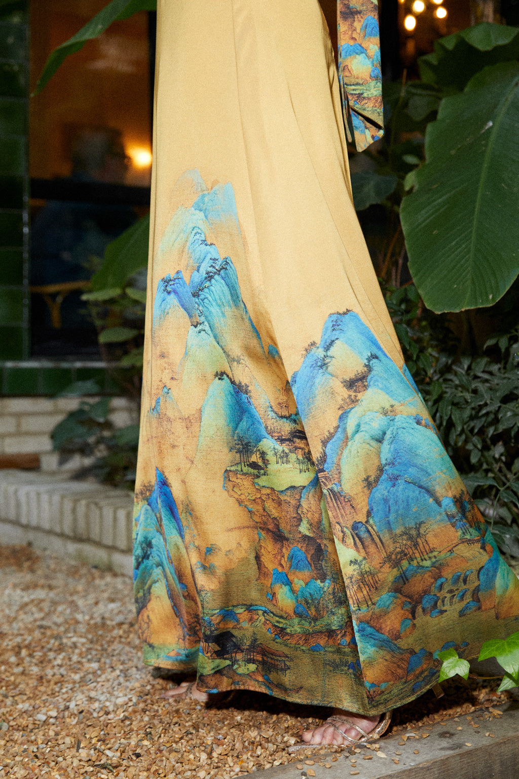 Robe Bandeau en Satin Imprimé Shan Shui Bleu-Vert