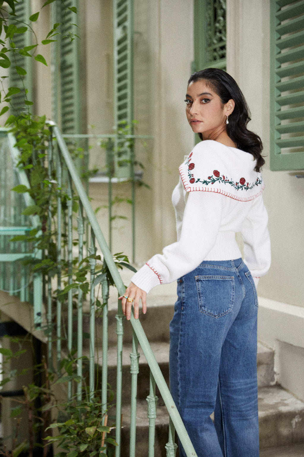 Pull à col brodé en pur cachemire - beige