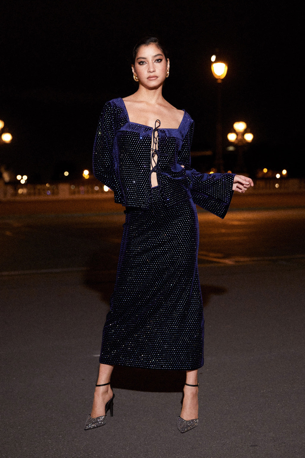 Crystal-embellished velvet midi skirt - palace blue