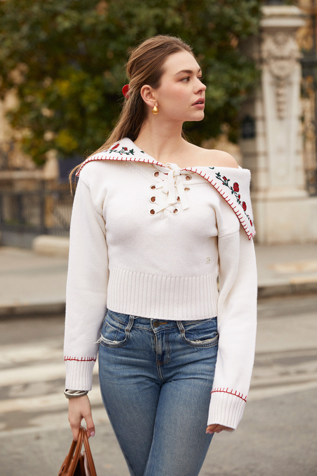Pull à col brodé en pur cachemire - beige