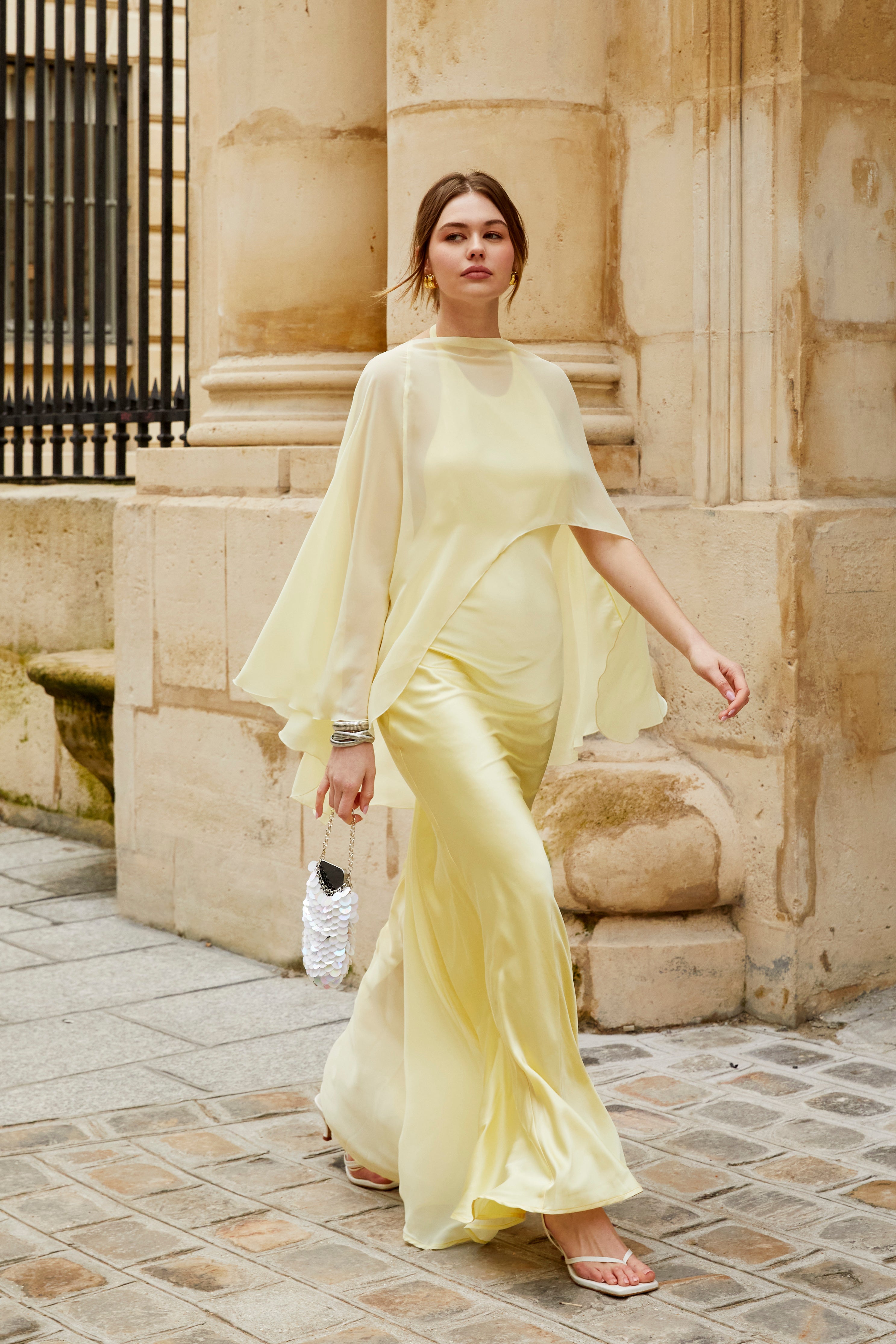 Long satin dress with chiffon stole - yellow