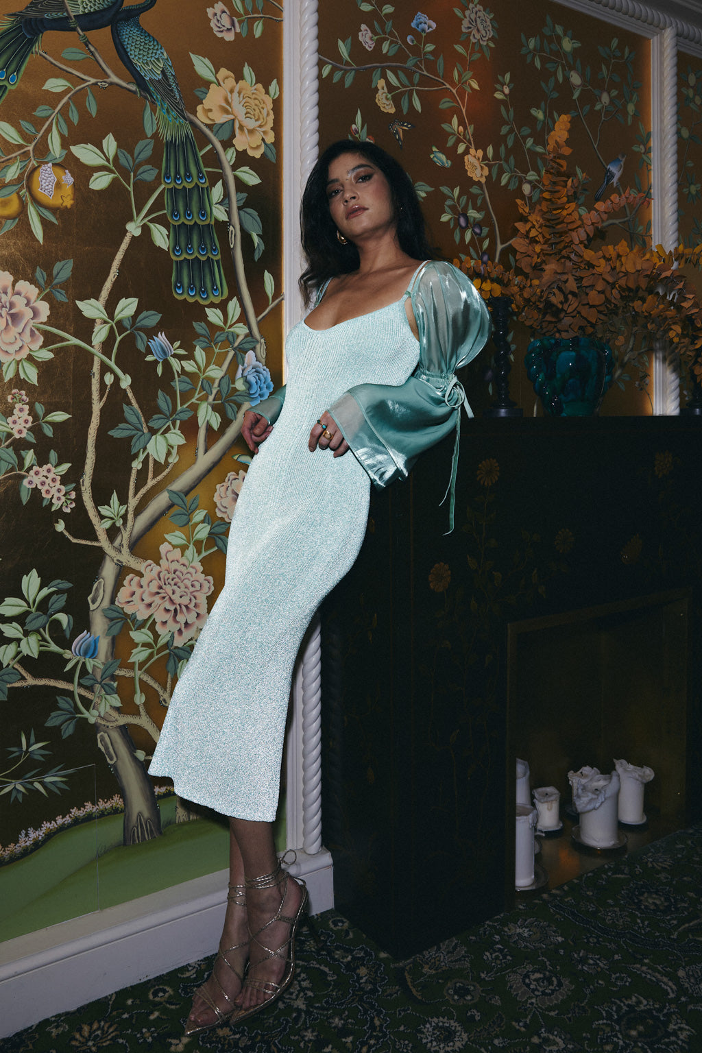 可拆式袖子反光針織針織洋裝 - 水綠色