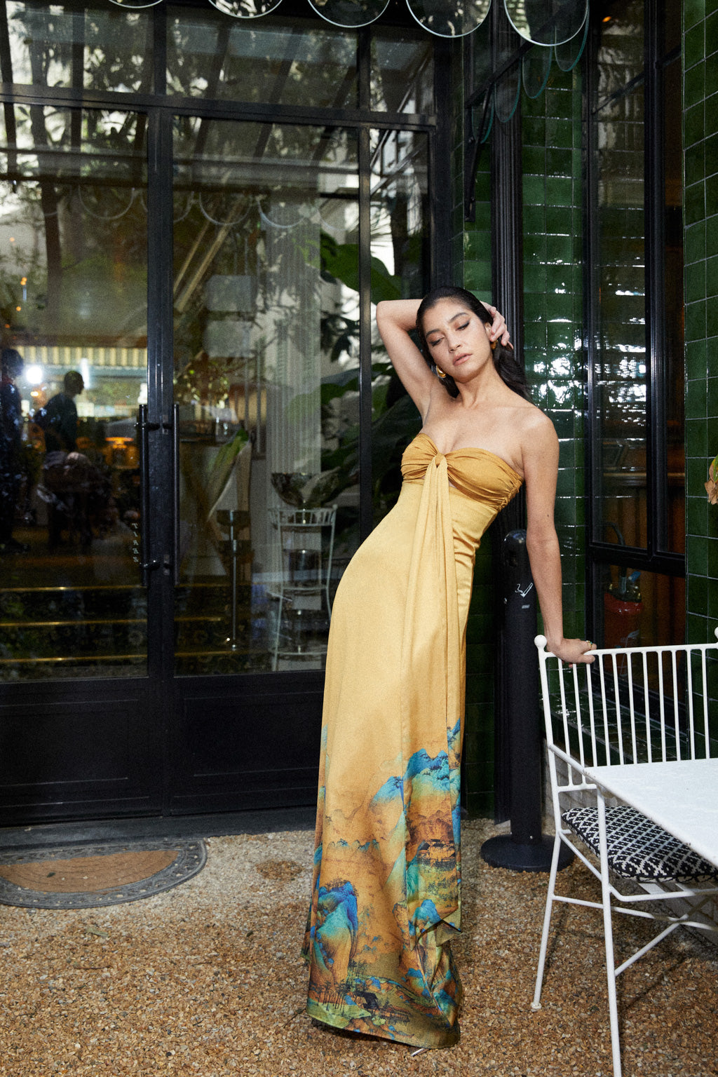 Robe Bandeau en Satin Imprimé Shan Shui Bleu-Vert