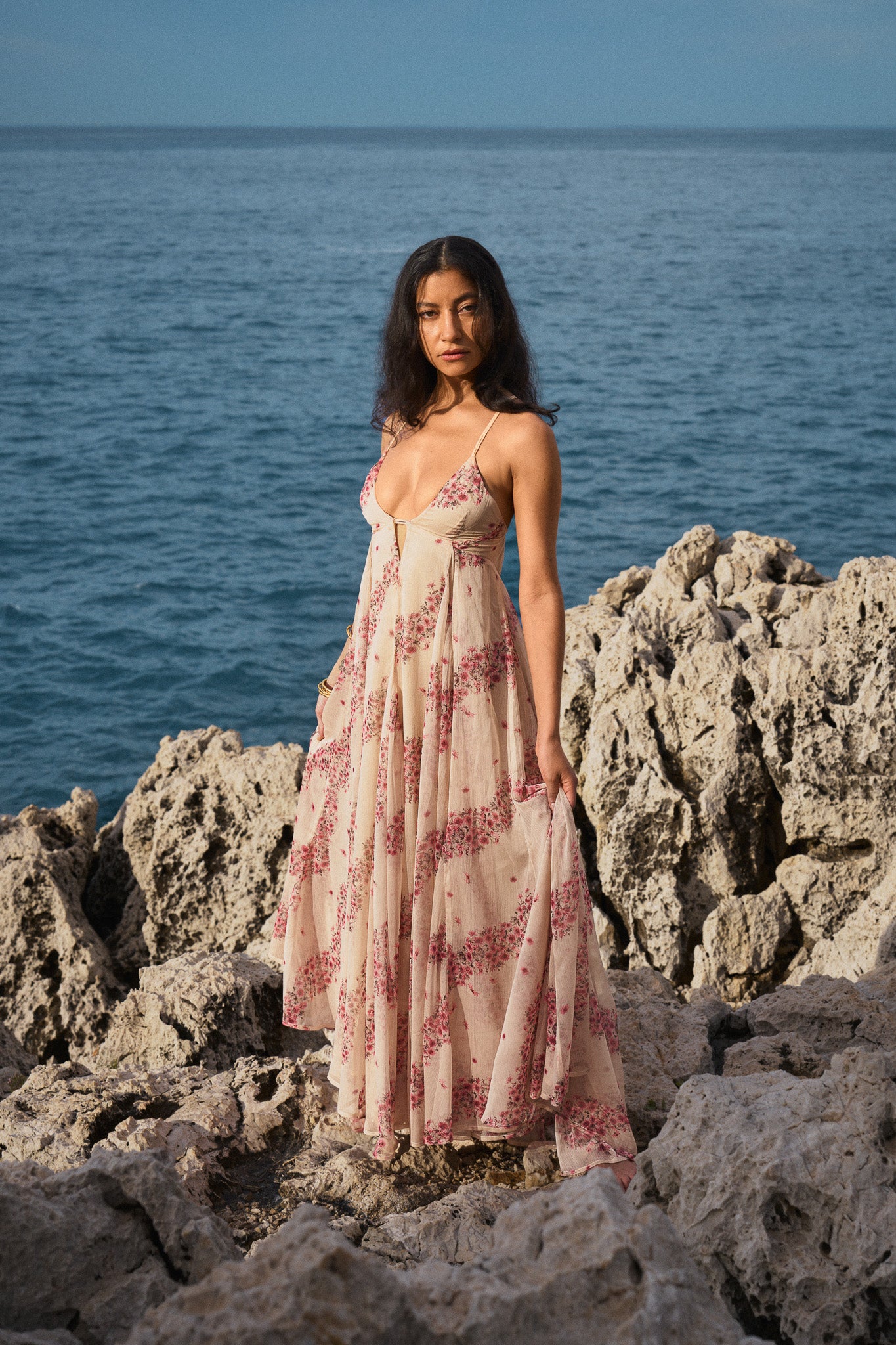 Robe longue en chiffon à imprimé - rose