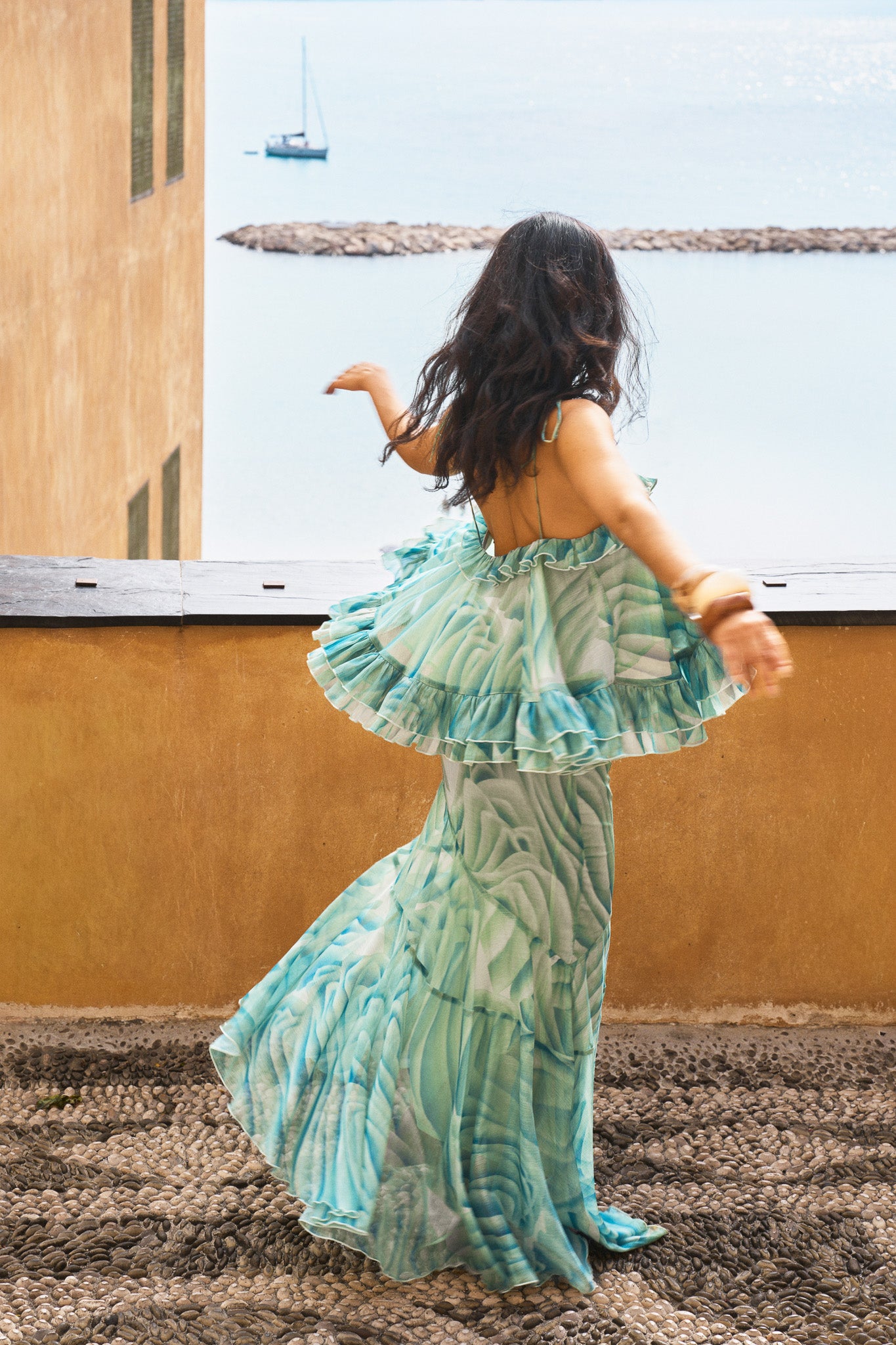 Haut en chiffon à volants et à imprimé – Vert