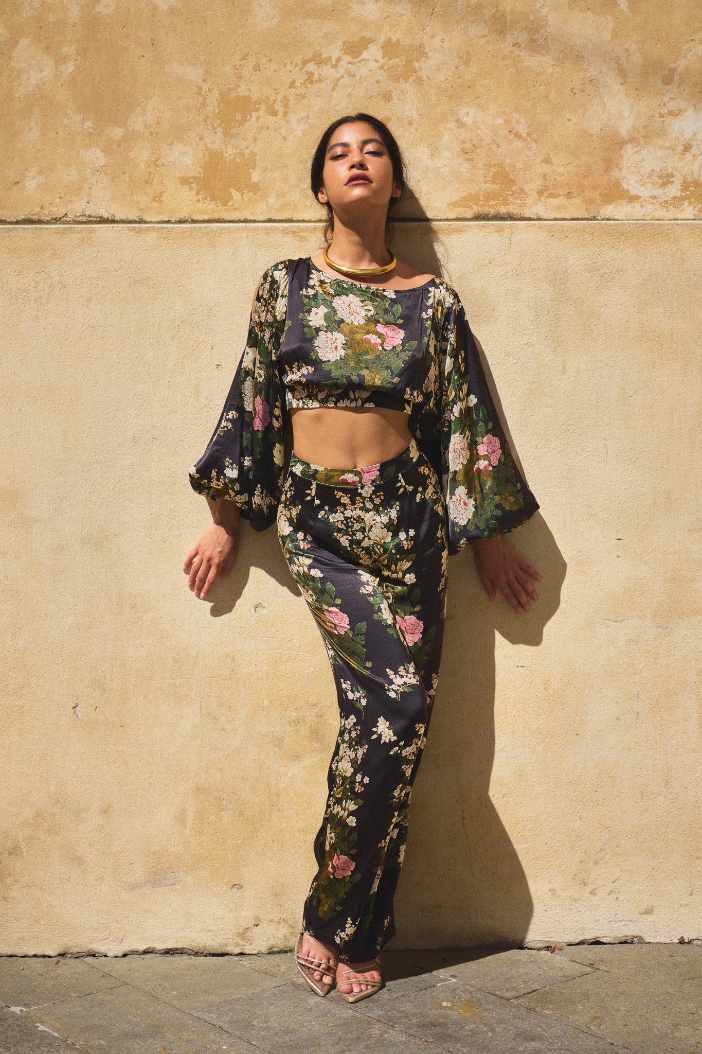 Satin Top with Chinese Peony Print – Black