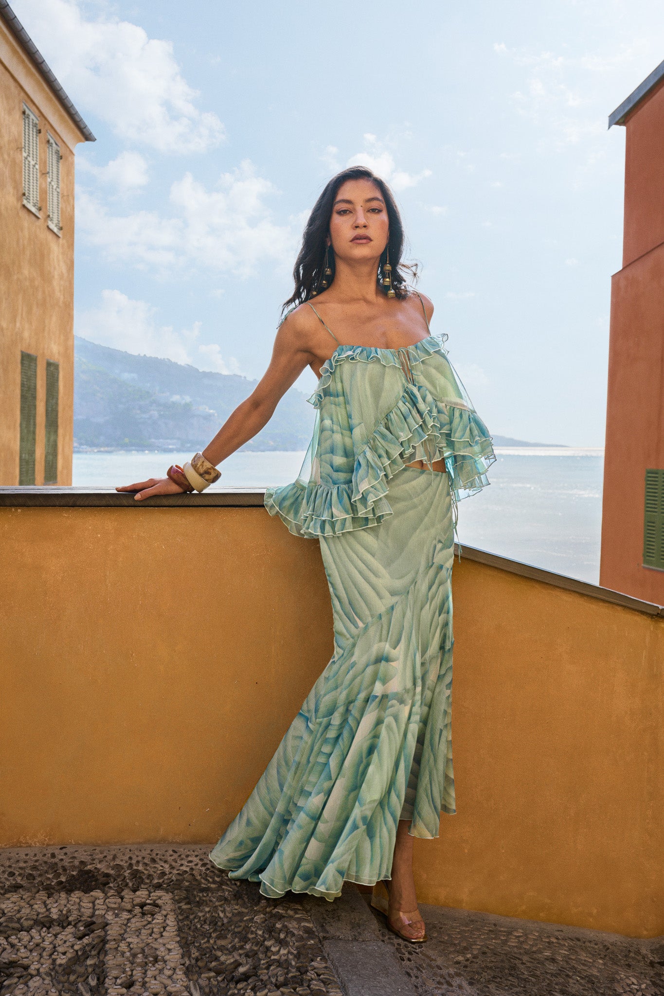 Haut en chiffon à volants et à imprimé – Vert