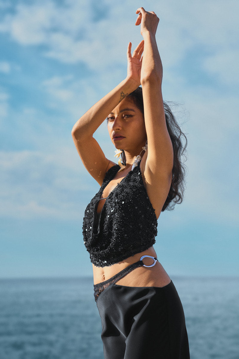 Embellished pearl halter mesh top – black