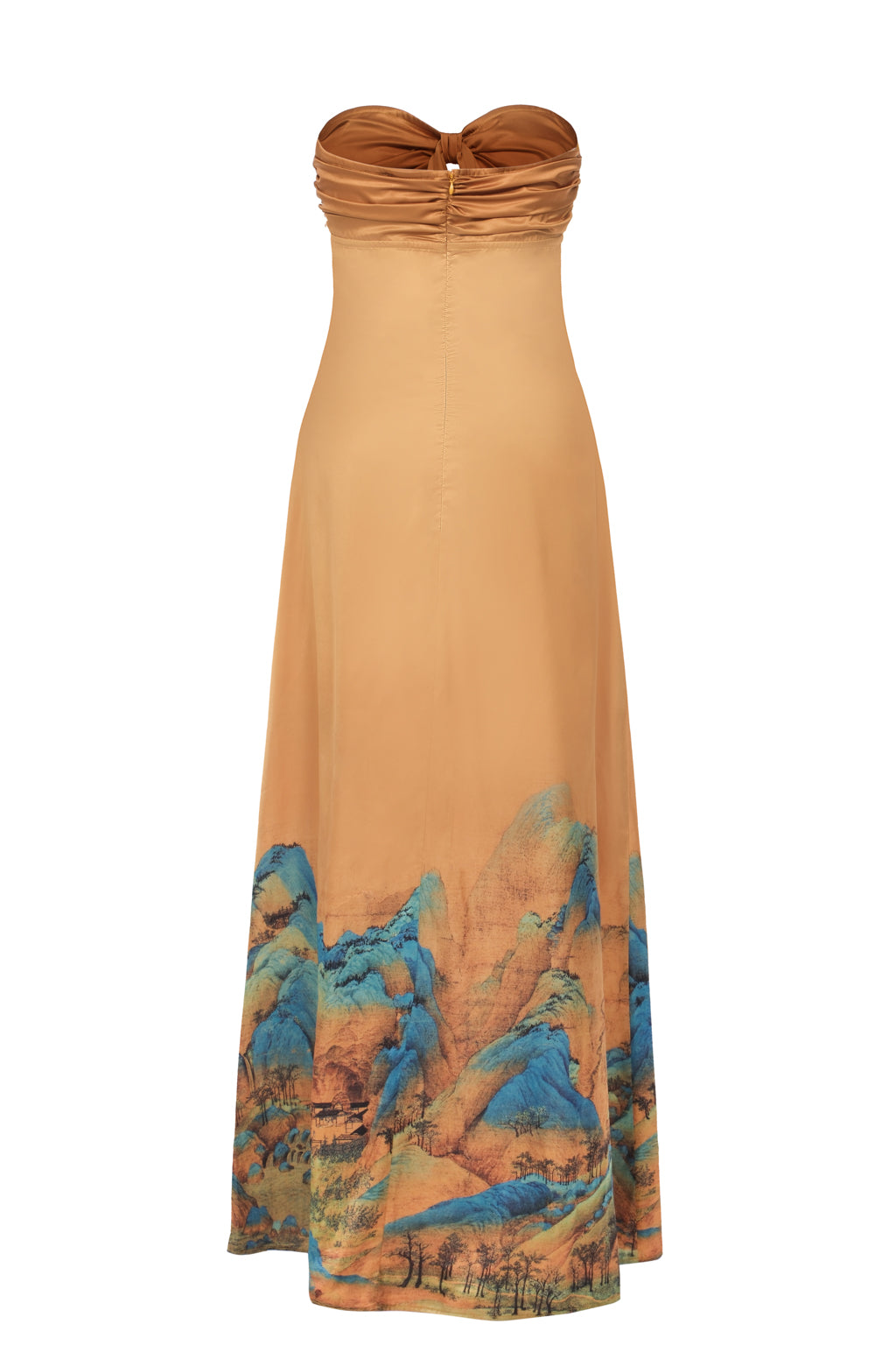 Robe Bandeau en Satin Imprimé Shan Shui Bleu-Vert