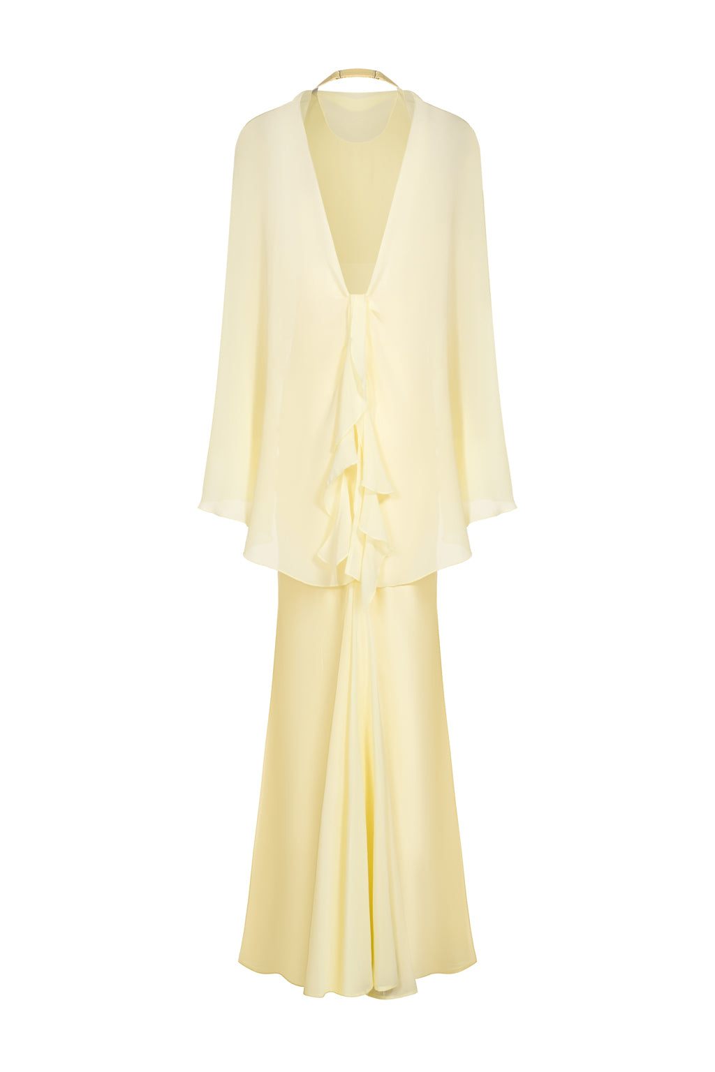 Robe longue en satin avec étole en chiffon - jaune