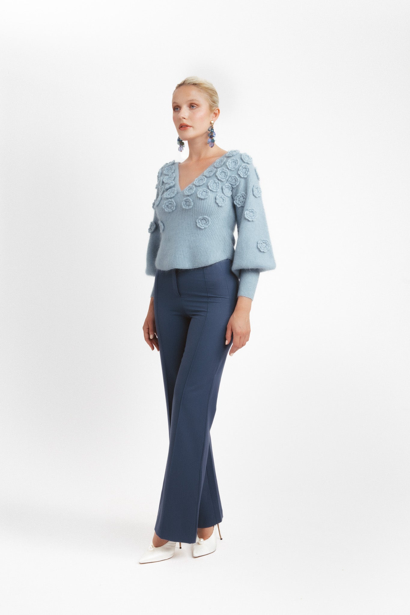 V-neck sweater in mohair and wool with flowers - white