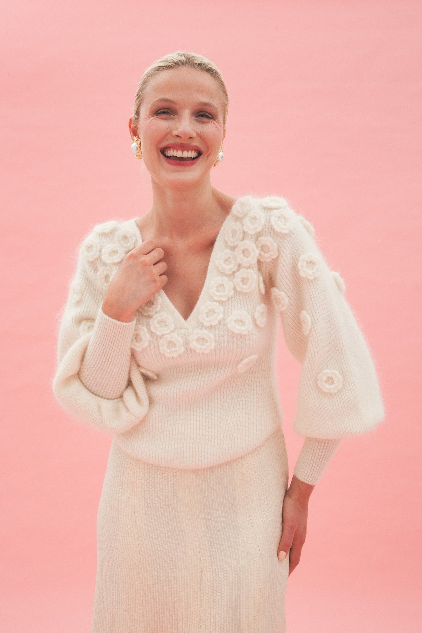 V-neck sweater in mohair and wool with flowers - white