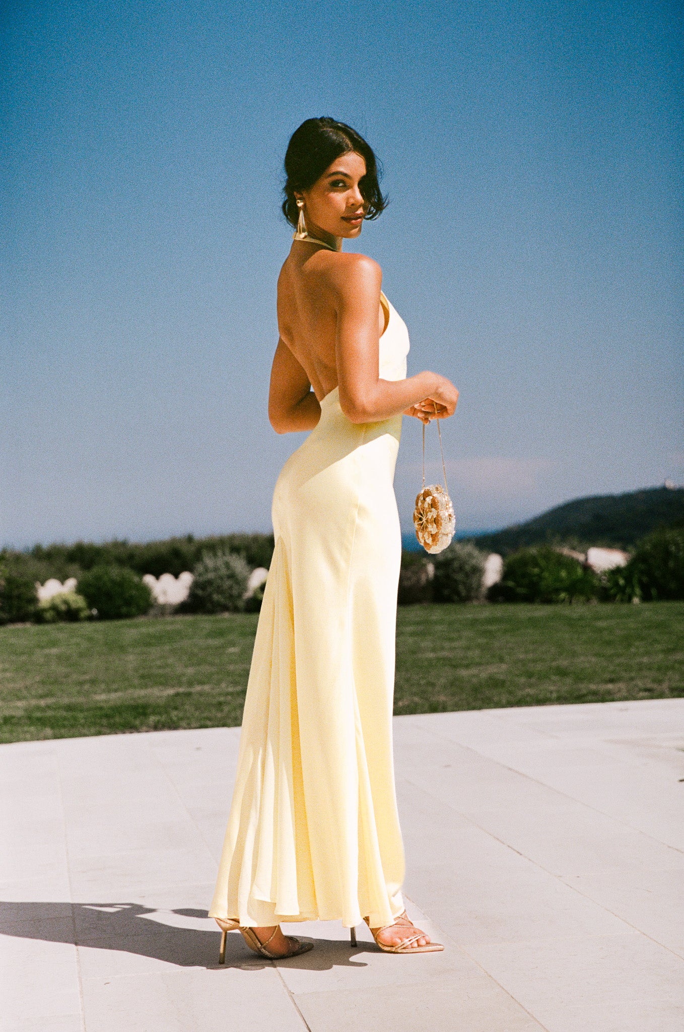 Long satin dress with chiffon stole - yellow