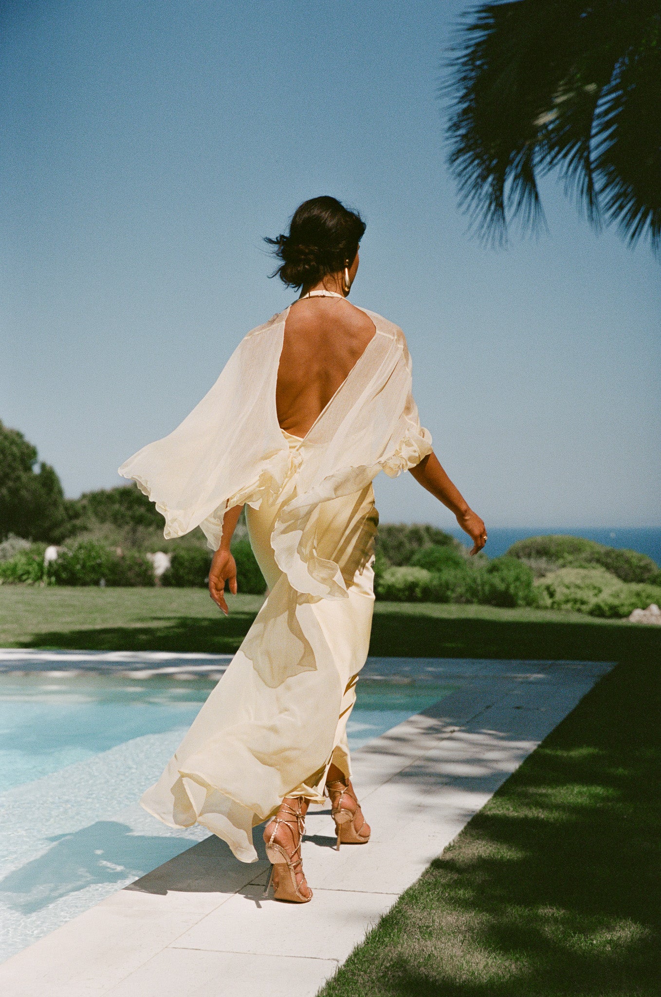 Long satin dress with chiffon stole - yellow