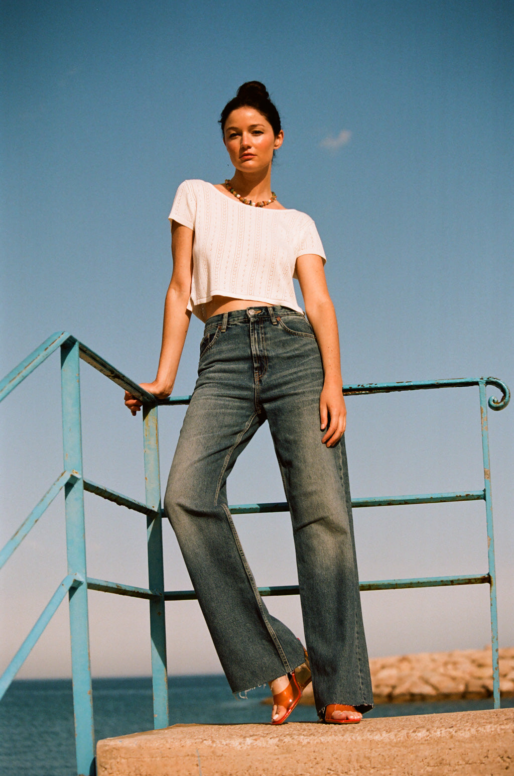 T-shirt en Maille Ajourée Blanc Cassé