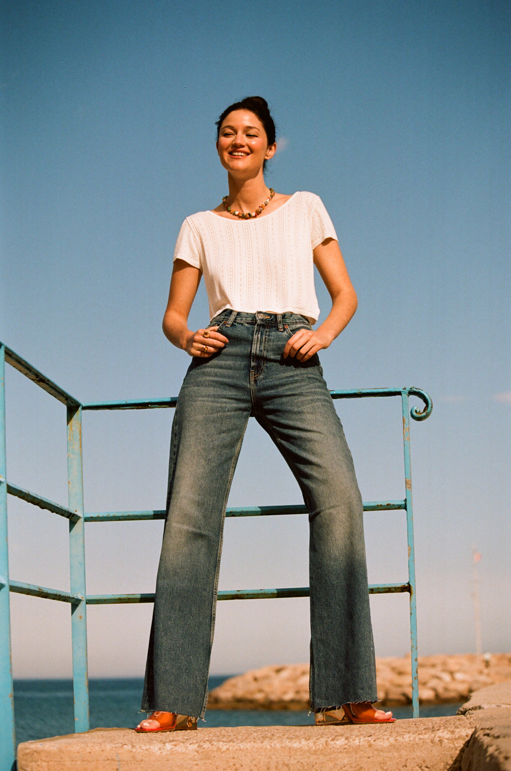 T-shirt en Maille Ajourée Blanc Cassé