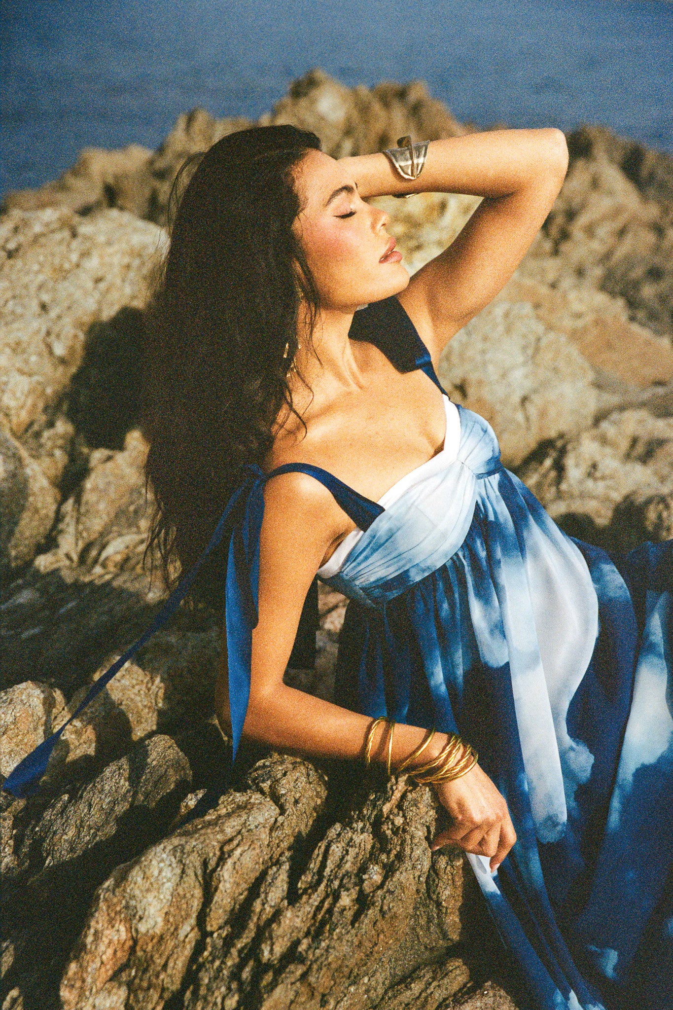 Pleated printed chiffon dress - Blue