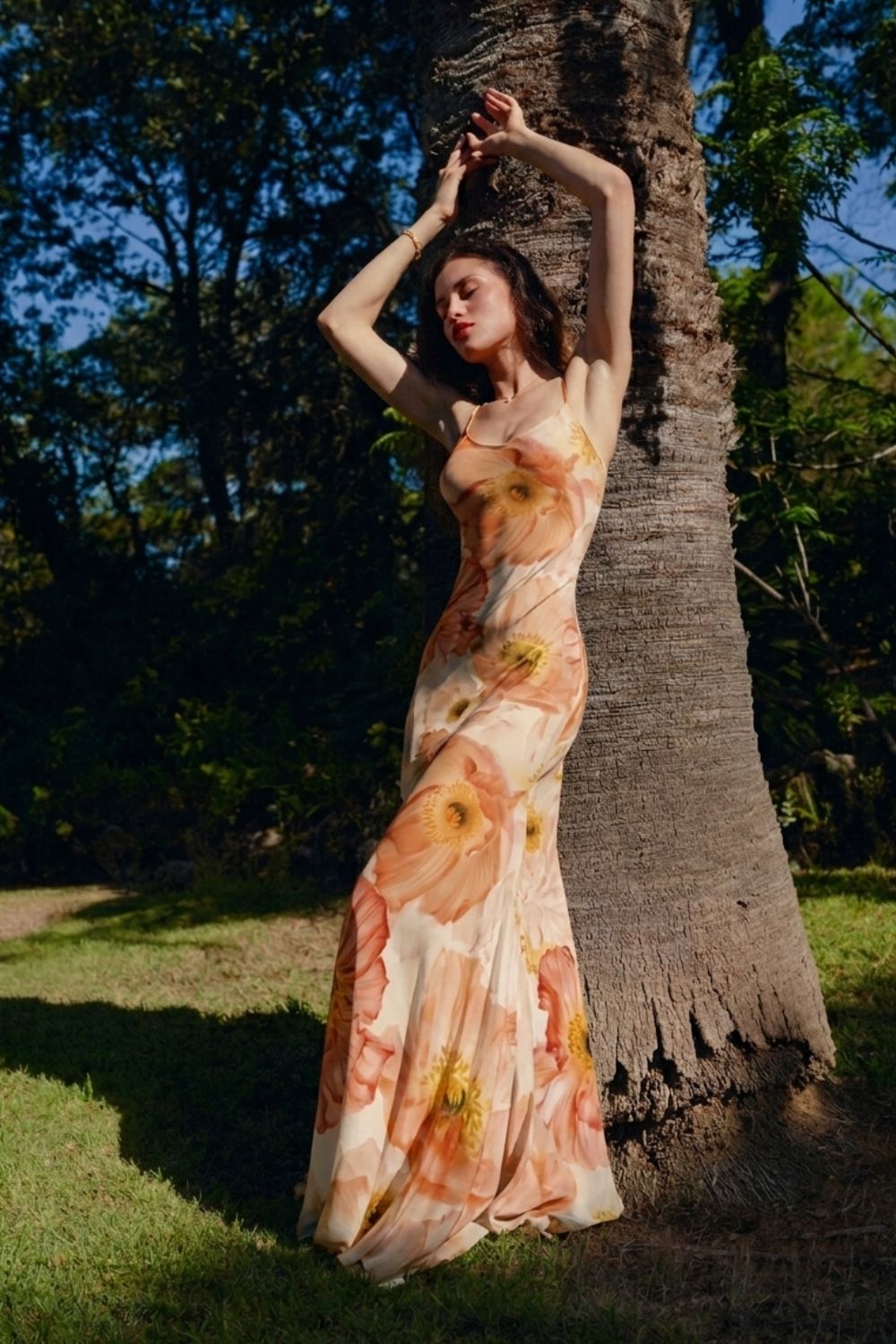 Long flared silk dress with floral print