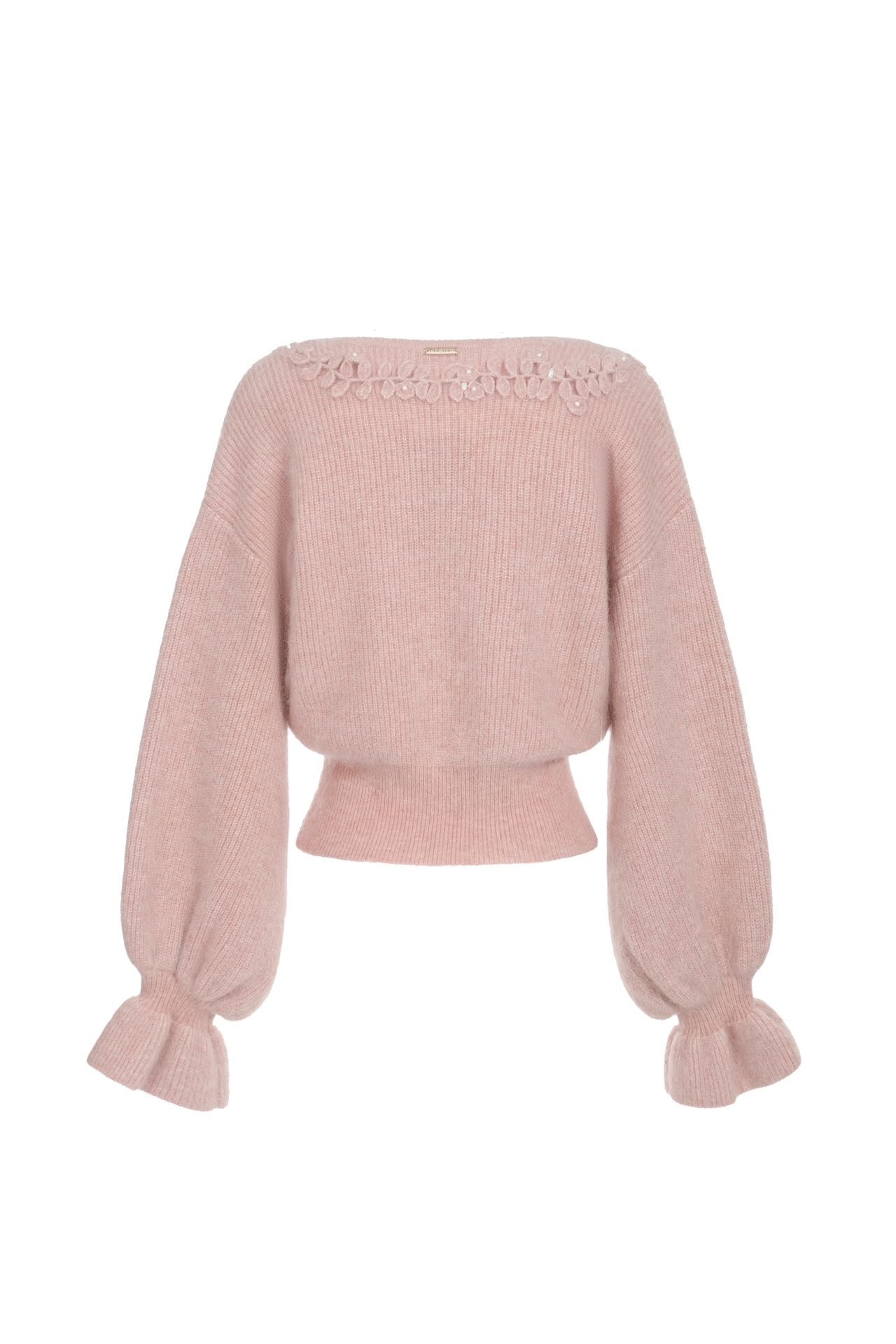 Pull en mohair et laine à crochet - Rose pâle