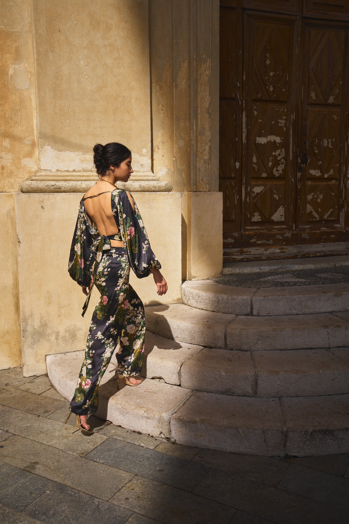 Satin Top with Chinese Peony Print – Black