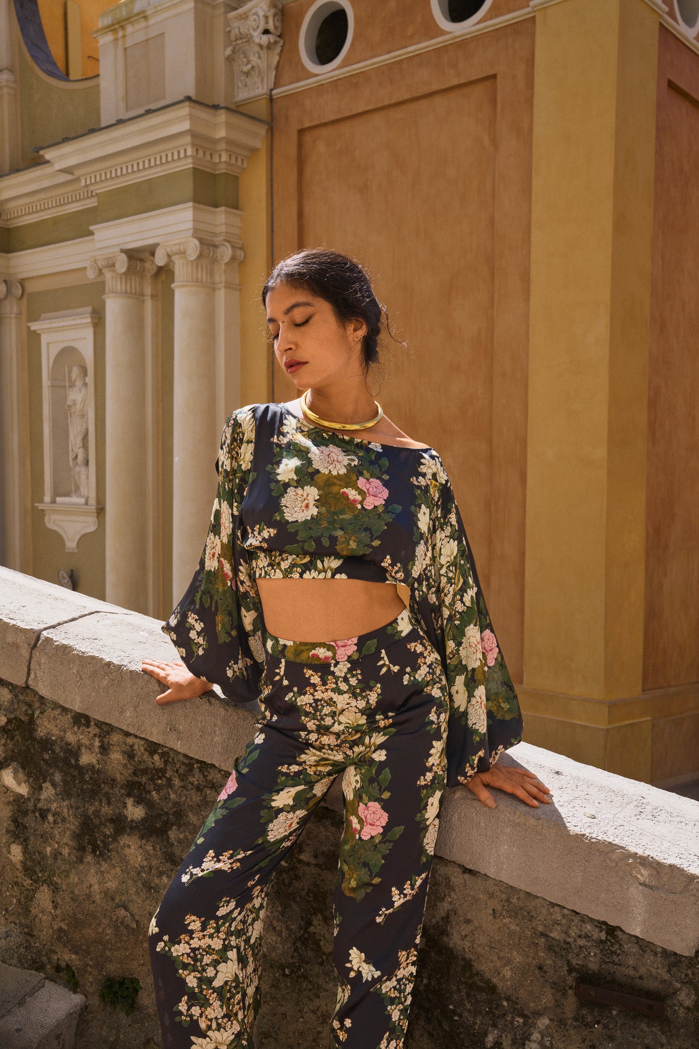 Satin Top with Chinese Peony Print – Black