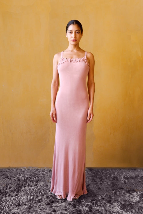 鉤織花朵針織洋裝 – 玫瑰粉