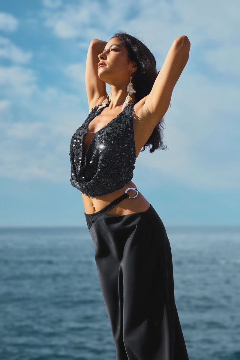 Embellished pearl halter mesh top – black