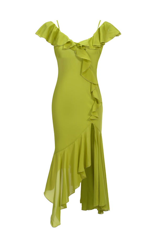 Asymmetric Ruffle-Trimmed Chiffon Midi Dress Oasis Green