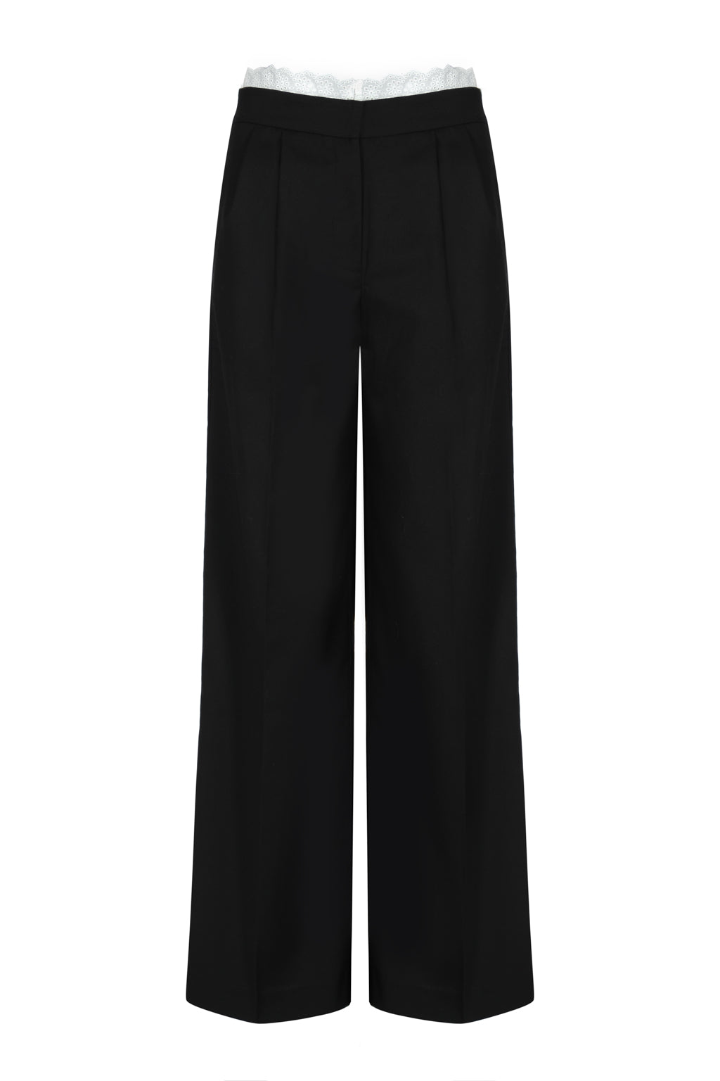 Pantalon Droit Trompe-l'œil Orné Dentelle Noir