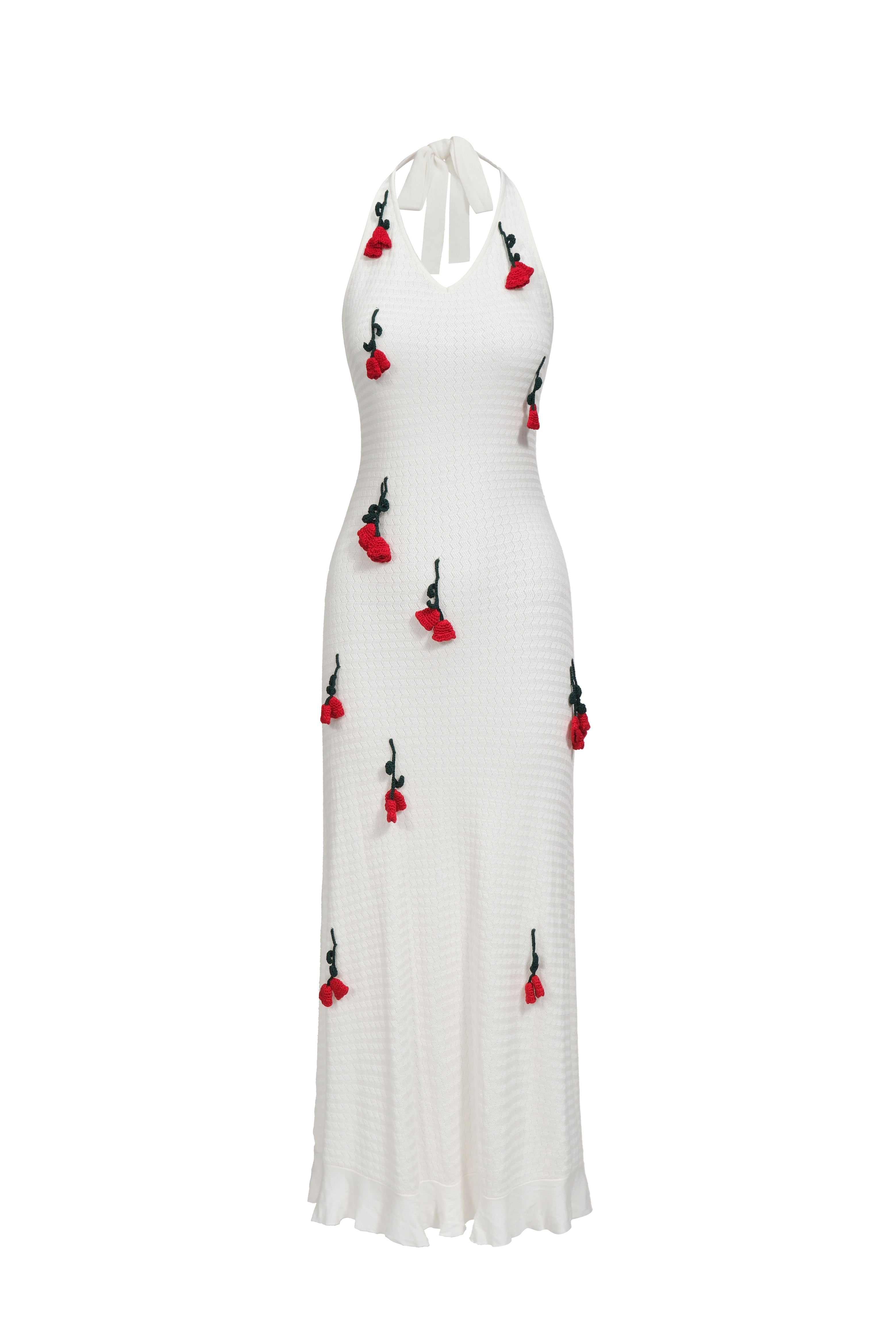 Halterneck knit dress with crocheted flowers - White