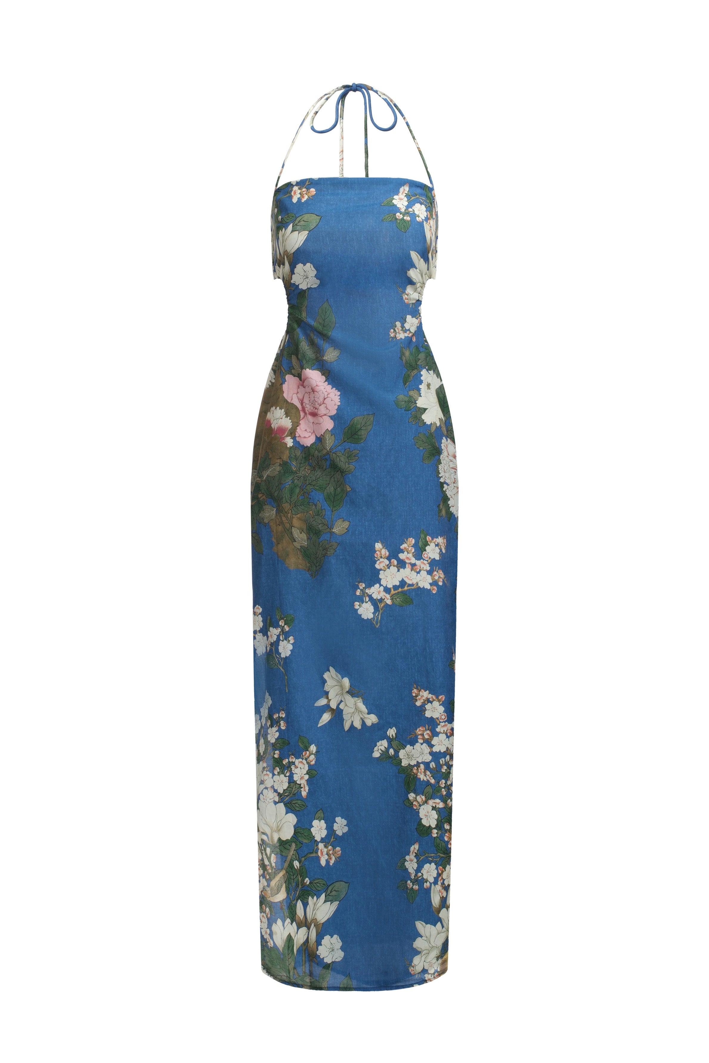 Robe en voile de coton et soie mélangée à imprimé fleuri - Bleu