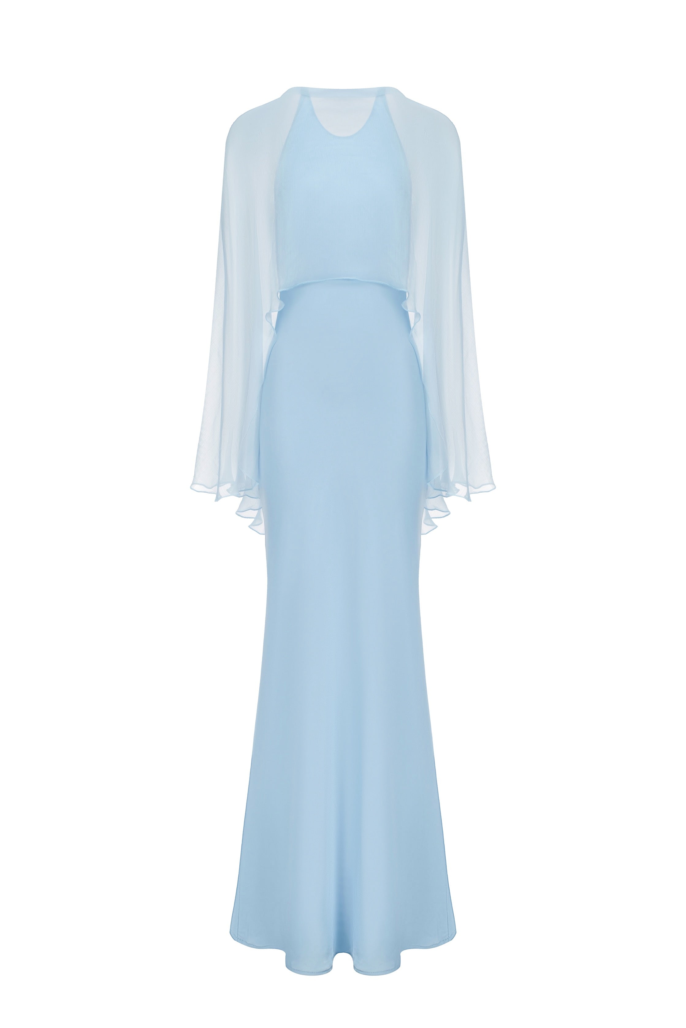 Robe longue en satin avec étole en chiffon - Bleu