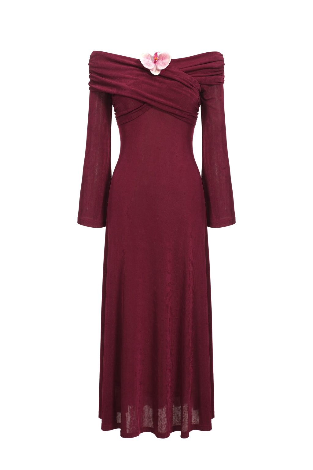 Off-the-shoulder drape dress with orchid brooch - Fuchsia