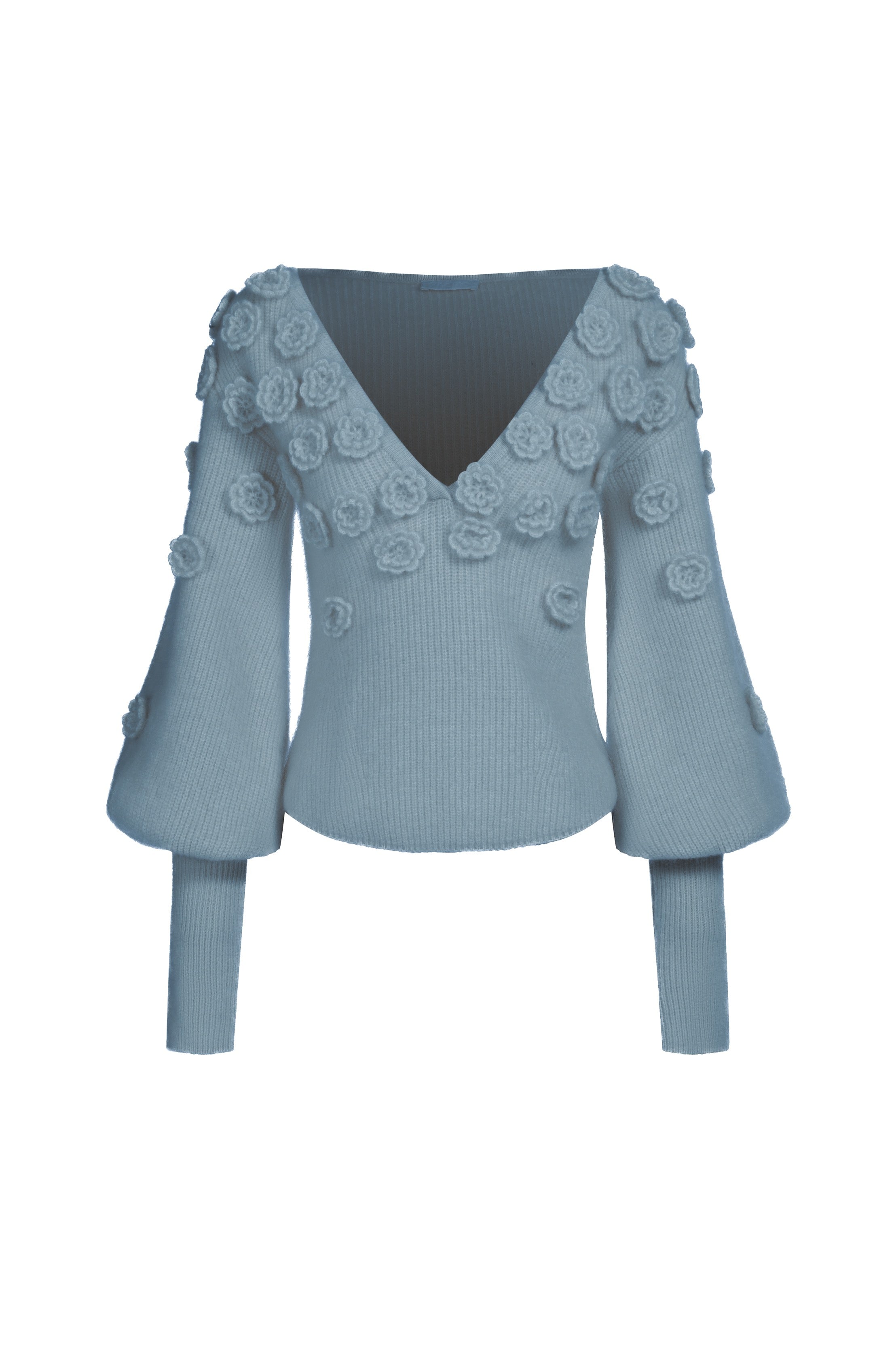 V-neck sweater in mohair and wool with flowers - white