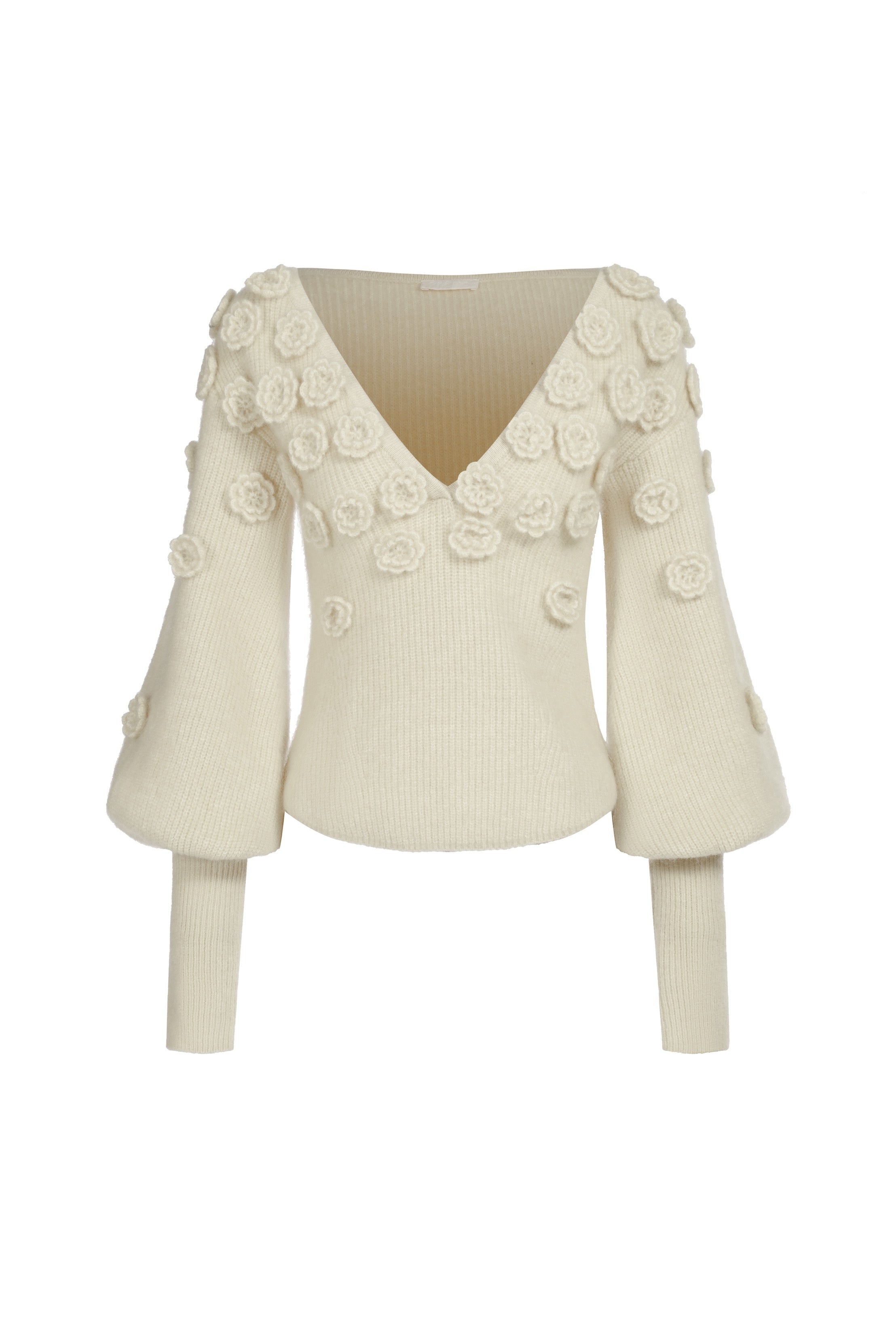 V-neck sweater in mohair and wool with flowers - white