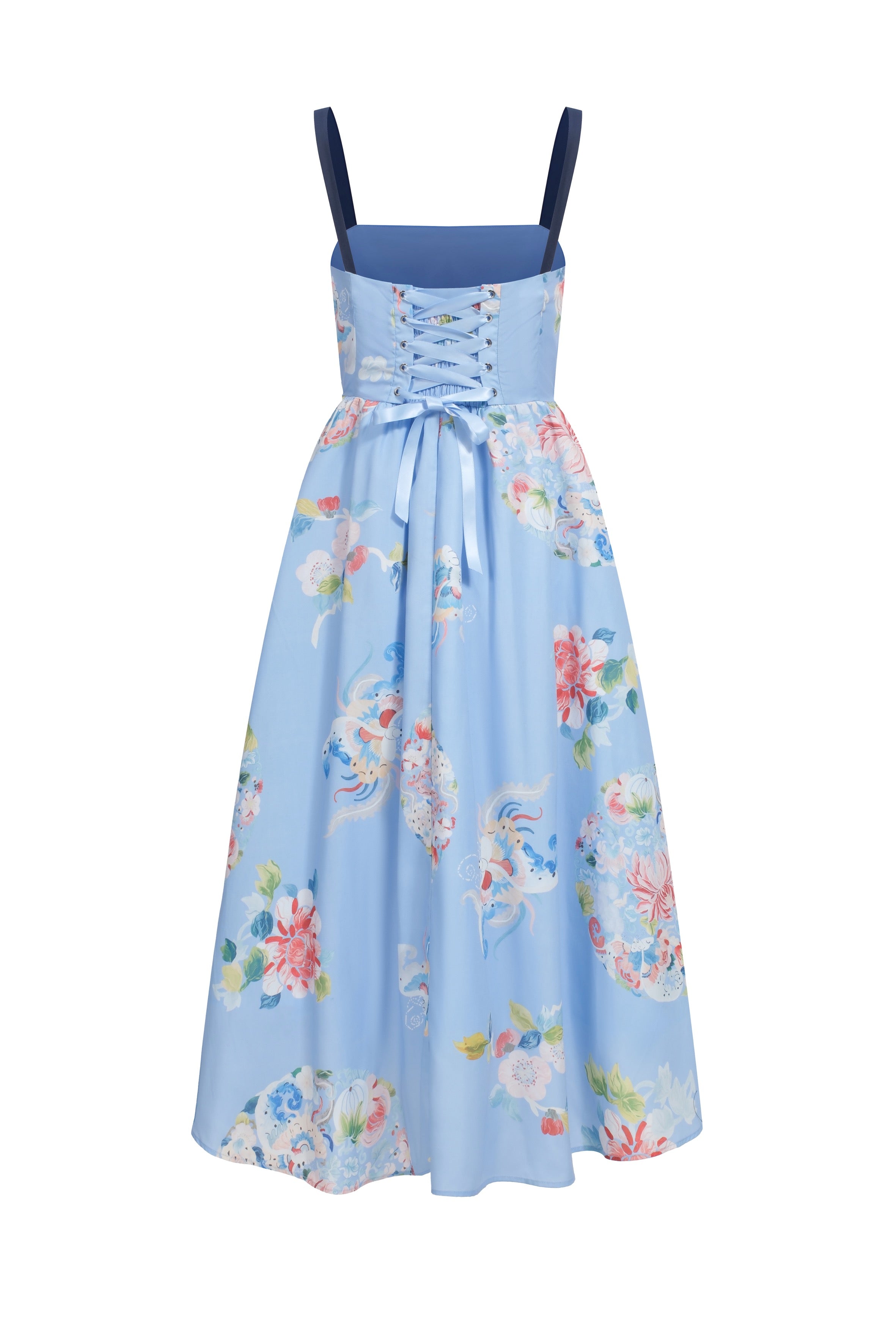 Lace-up floral print midi dress - Blue