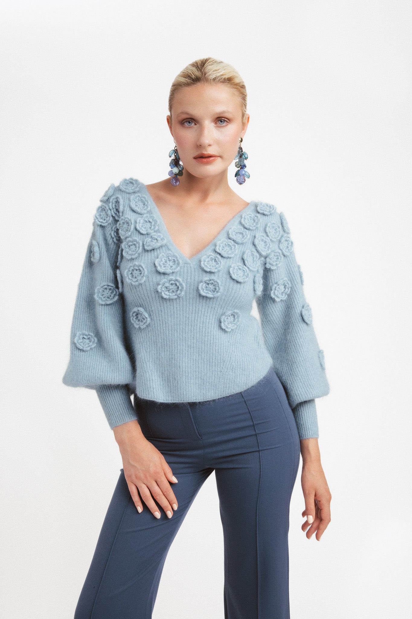 V-neck sweater in mohair and wool with flowers - white