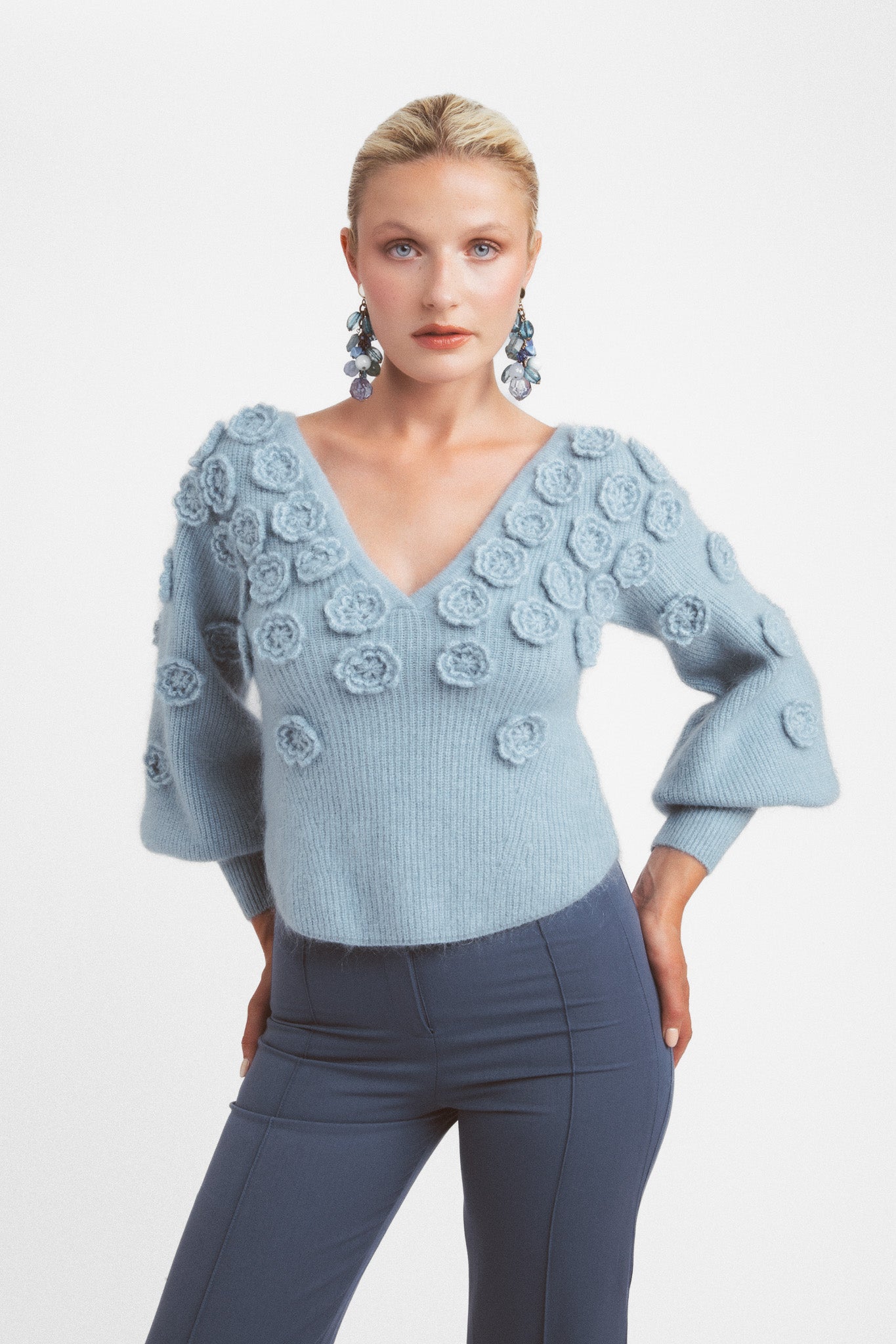 V-neck sweater in mohair and wool with flowers - white