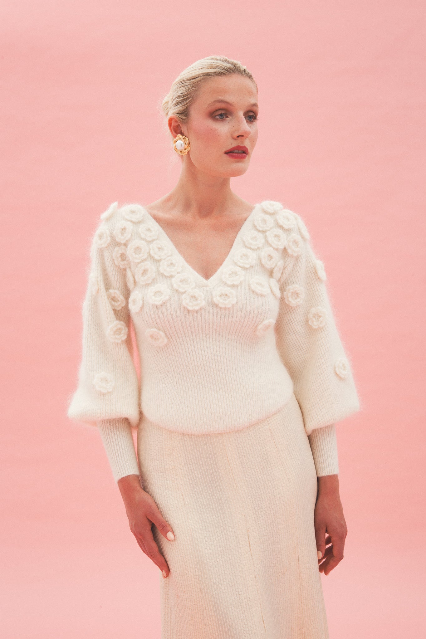 V-neck sweater in mohair and wool with flowers - white