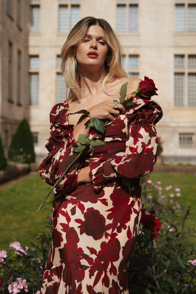 Robe longue en crêpe de soie imprimée - Rouge