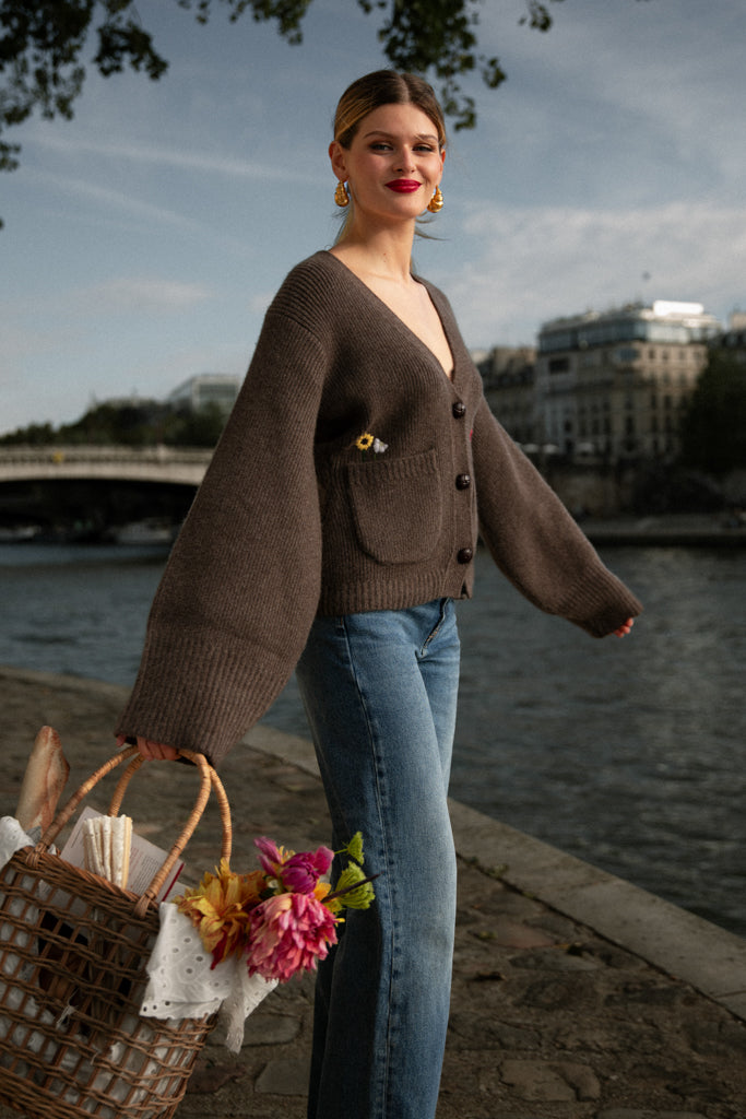 Cardigan en pur cachemire avec broderie - Gris foncé