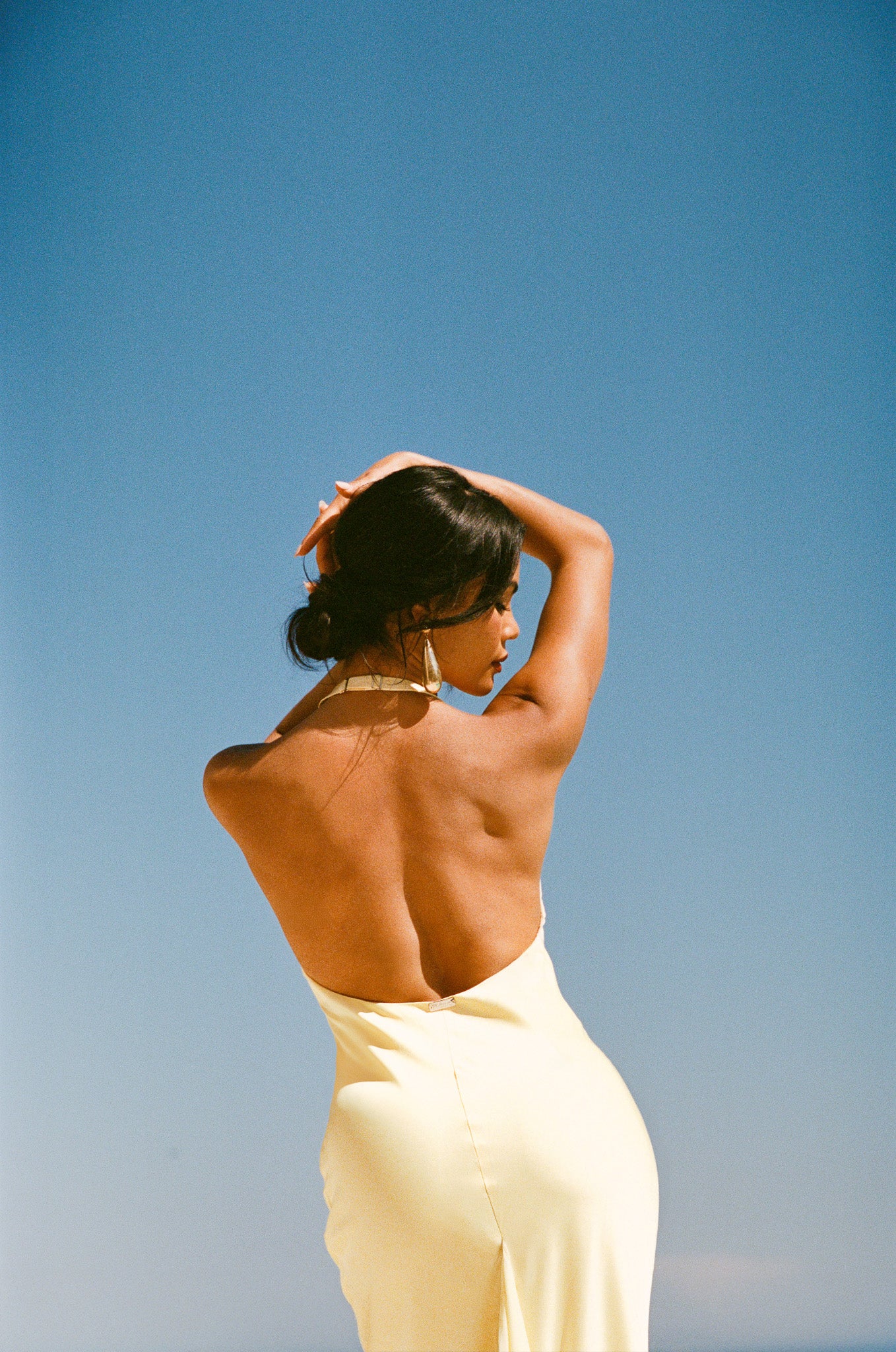 Long satin dress with chiffon stole - yellow