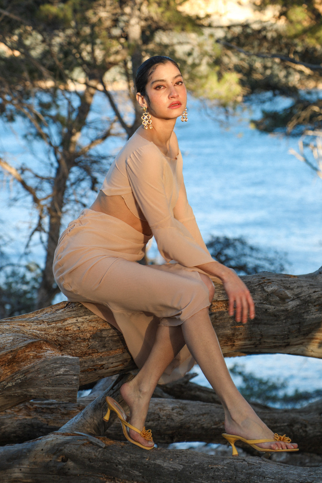 Robe Midi en Chiffon à Découpe Drapé - Nude