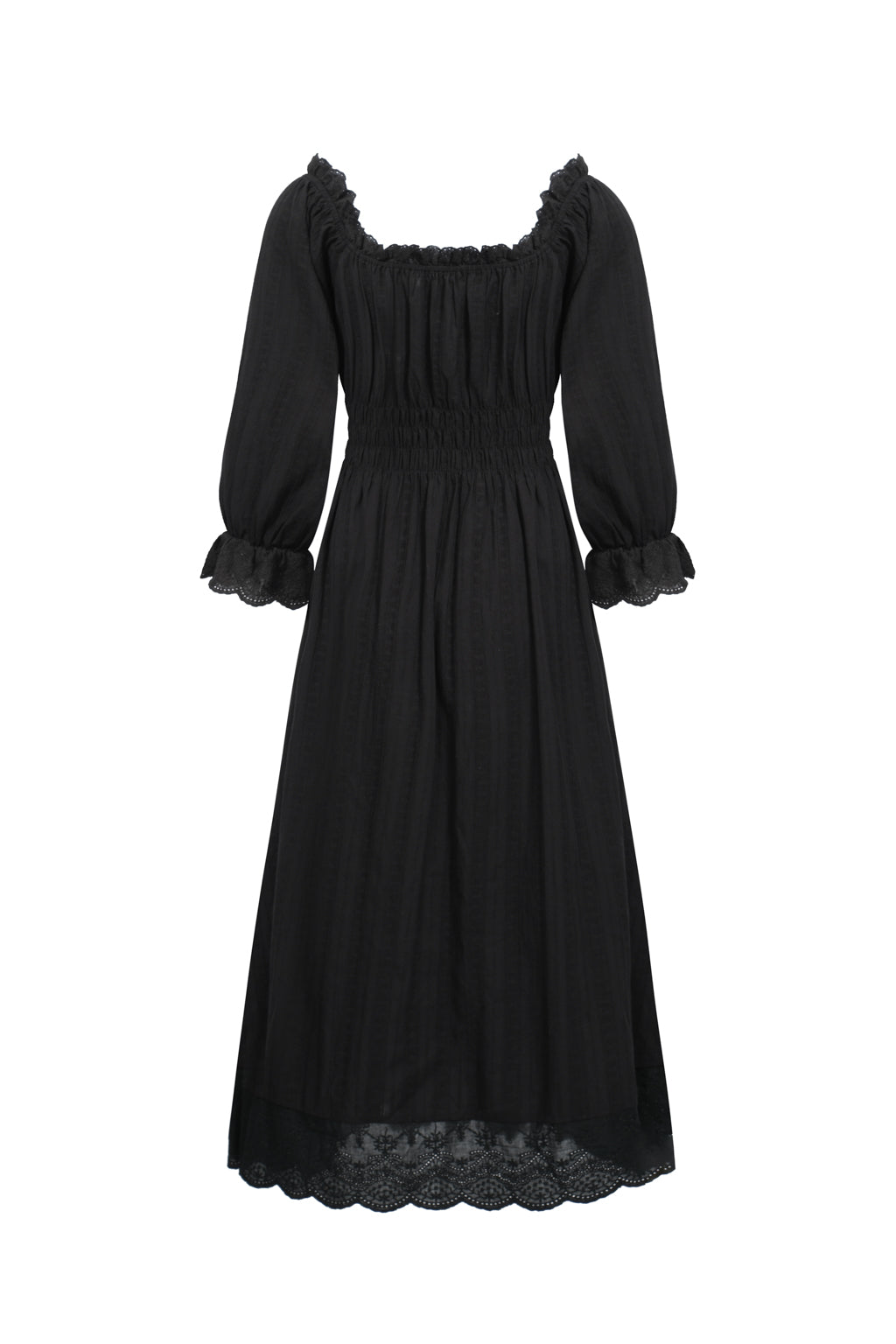 Robe Midi Smockée en Coton à Manche Bouffante - Noir